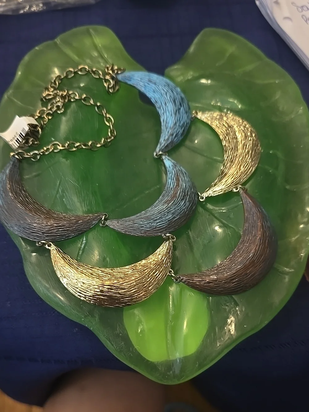 Multi-Tone Crescent Bib Necklace - Blue, Gold, Brown